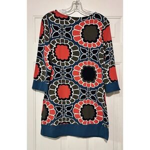 Boden Women's Blue Red Green Funky Flowers 3/4-Sleeved Jersey Dress US 12 UK 14